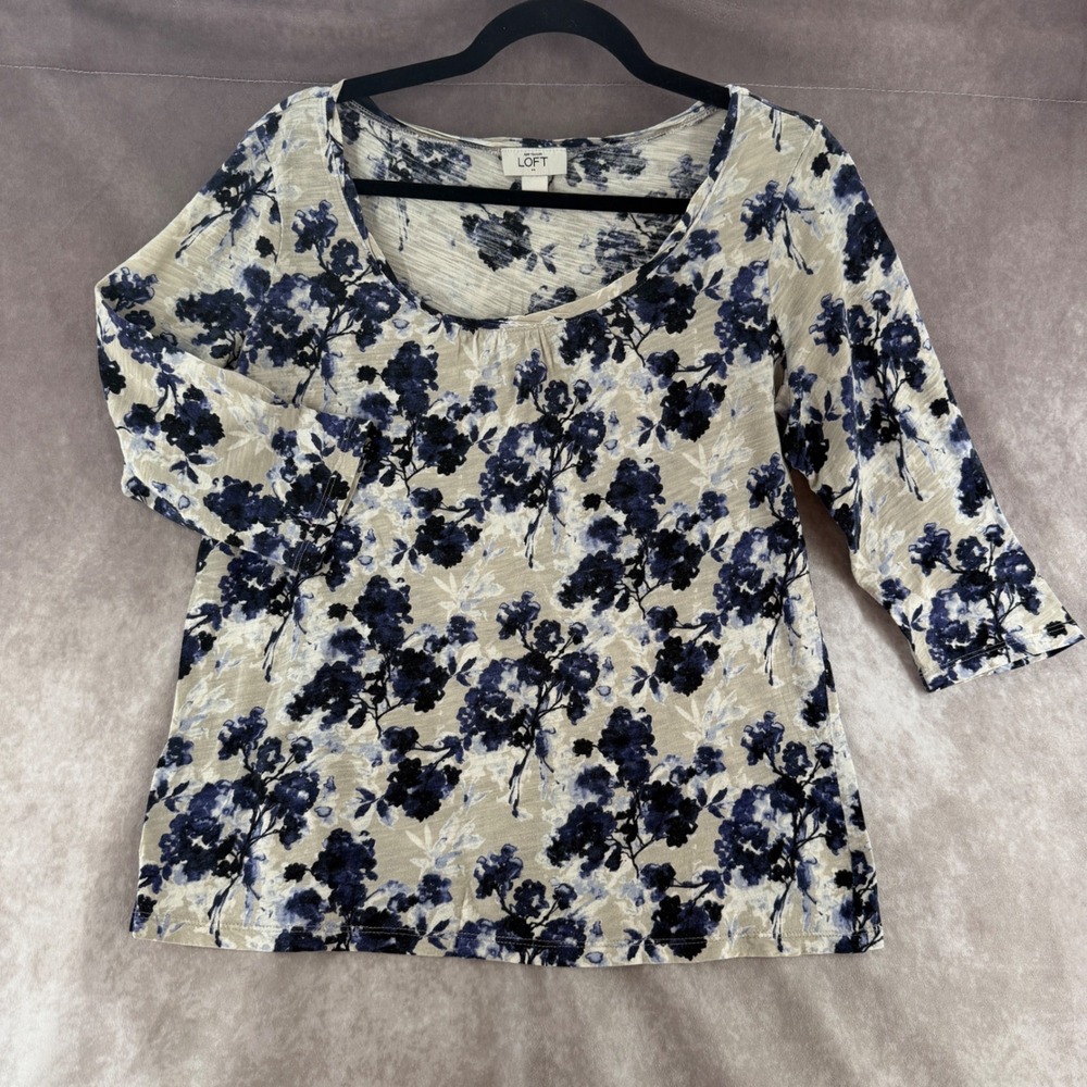Ann Taylor LOFT Women Large Blue Floral Cotton Slub Knit 3/4 Sleeve Scoop Top